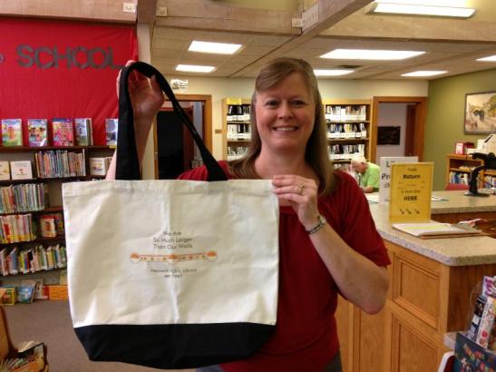 Lisa holding library tote